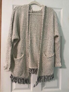 Free People Cream and Black Open Front Fringe Cardigan
